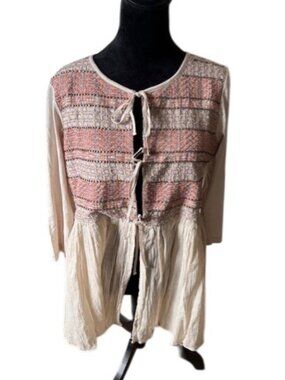 Logo Lavish Beige Embroidered Beaded Gauzy Tie Front Boho Top EUC M/L**